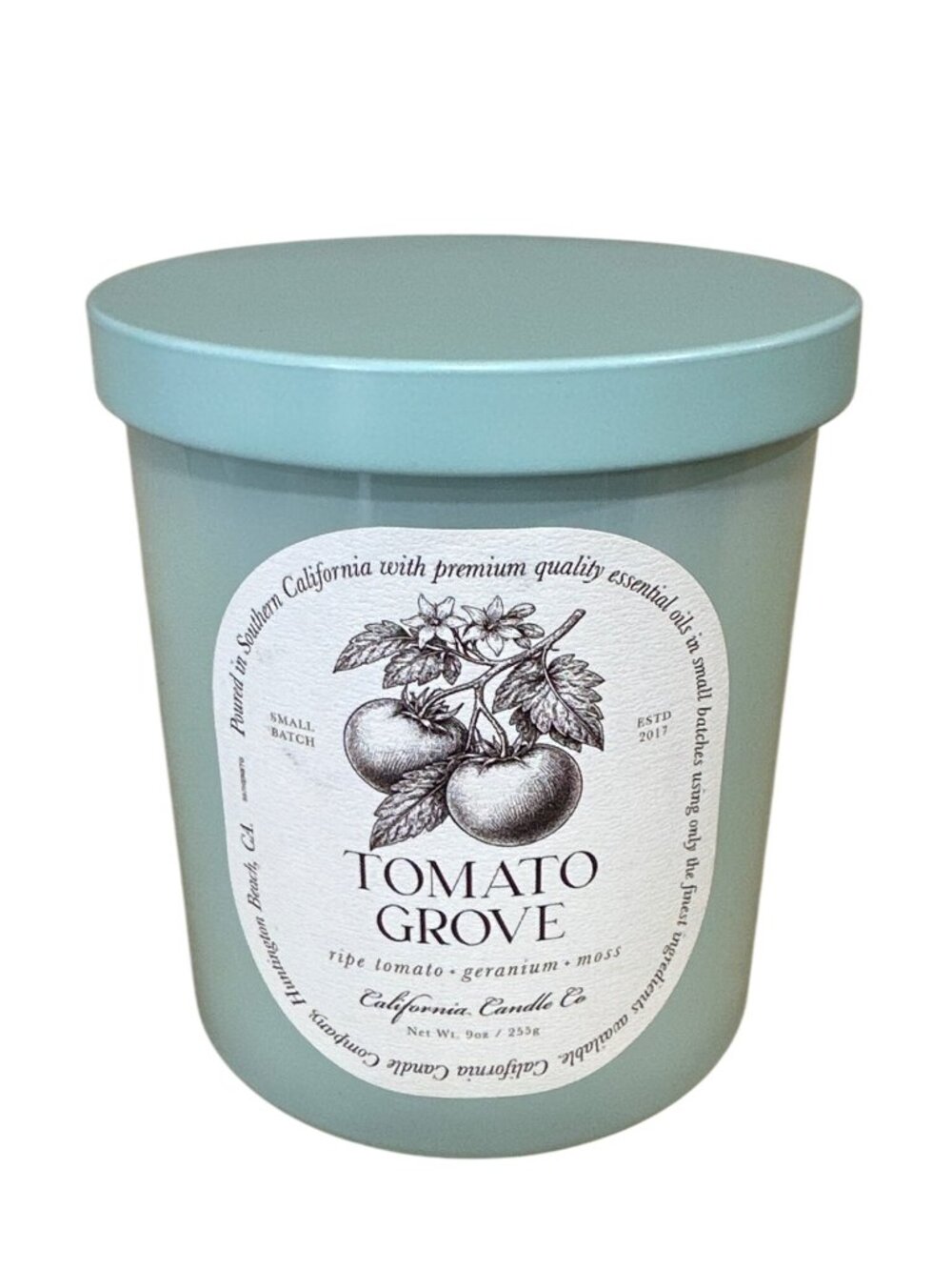 Leoben Company California Candle Co Tomato Grove Candle 9 Oz Light Blue Glass